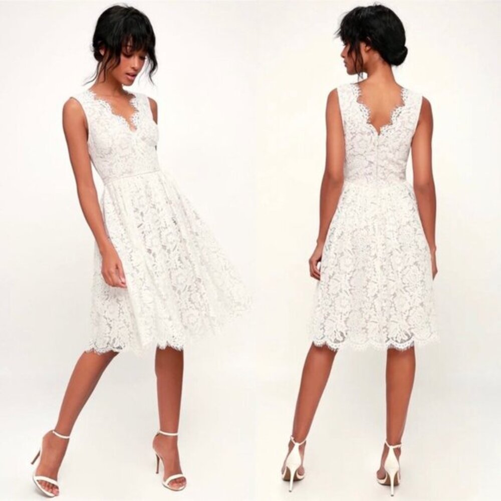 Lulu’s NWT Medium White Lace Mini Skater Dress Love Swept Pockets Tan Midi